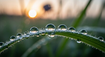 Macro shot of dew drops on grass blade reflecting sunrise and blurred background