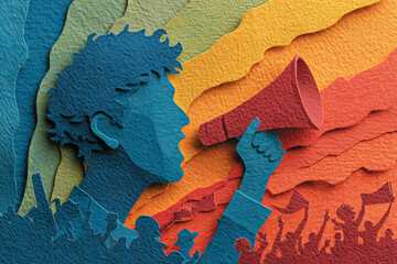 Man shouting into megaphone at rally for World Disarmament Day  