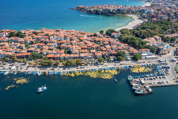 Fototapeta premium Aerial view of Sozopol city on Black Sea shore in Bulgaria