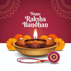 Naklejka premium Raksha Bandhan greeting with diya lamp and rakhi on festive background happy Raksha Bandhan Indian festival