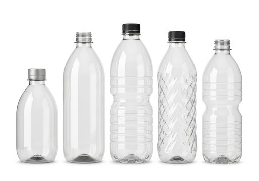 Five empty clear plastic water bottles isolated on white background