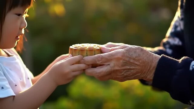 A child's hands receiving a mooncake from an elder's hands