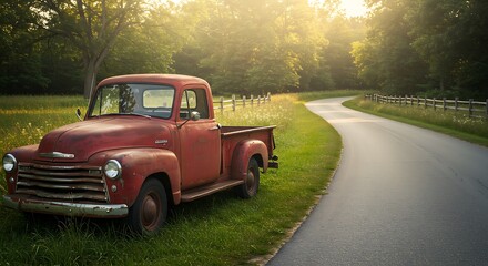 Vintage Pickup Truck Parked Near Winding Country Road at Sunset