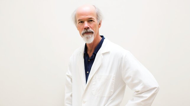 Senior male scientist wearing a white lab coat stands confidently with arms crossed, showcasing expertise and professionalism in a clean, minimalist laboratory environment