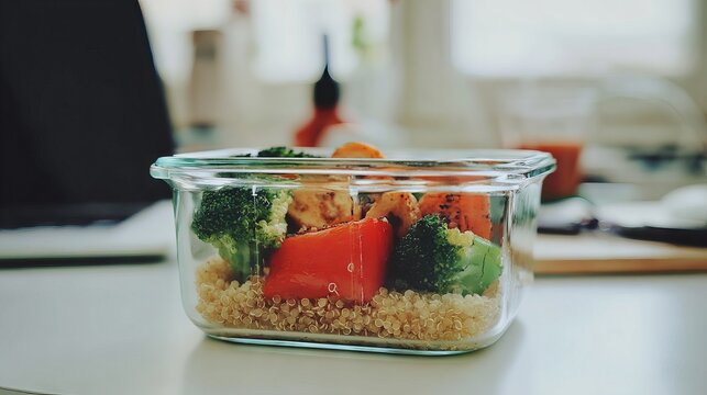 Healthy meal prep container filled with quinoa, broccoli, bell pepper, and grilled chicken, showcasing nutritious ingredients for balanced eating and meal planning