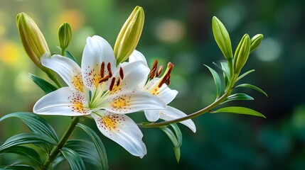 Fototapeta premium Elegant White Lily Blossom with Green Buds Captivating Floral Beauty Against a Serene Backdrop of Natural Greens