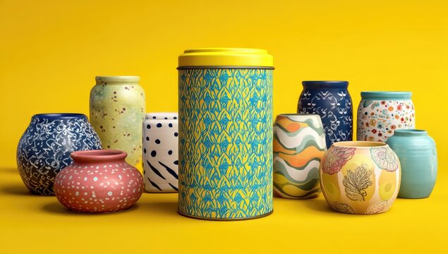 Colorful ceramic and tin containers on a yellow background