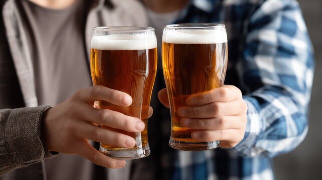 Friends toast with glasses of golden ale on National Beer Lover’s Day, enjoying the rich taste of malt and the festive atmosphere. It's a perfect day for suds and camaraderie - Powered by Adobe