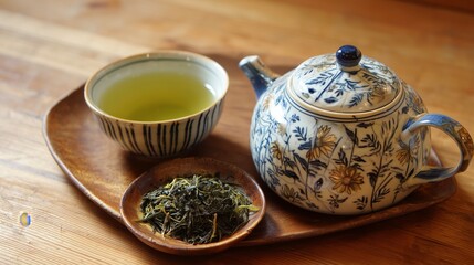 Tea set with floral teapot, loose tea, and green tea cup  
