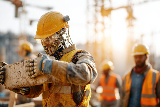 Humanoid construction robot assisting workers at a construction site during sunset