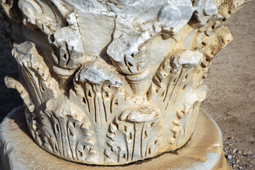 Pieces of ancient columns in Baths of Antoninus in Carthage Archeological Site in suburbs of Tunis city, Tunisia