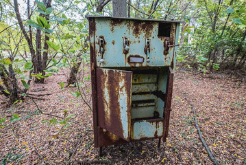 Electric box next to abandoned Radioecology Laboratory in former fish farm in Chernobyl Exclusion Zone, Ukraine