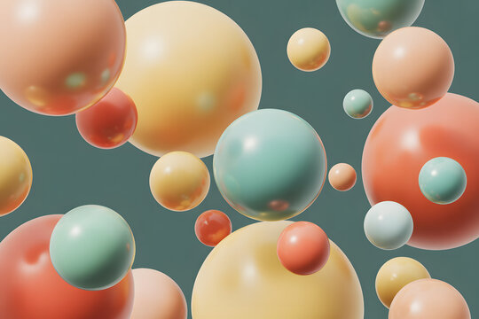 Spherical Harmony: A mesmerizing collection of floating spheres in an array of pastel colors, arranged against a cool teal backdrop.