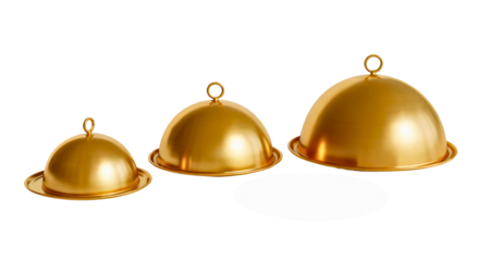 Elegant golden food cloches showcase culinary presentation, hinting at fine dining and gourmet experiences.