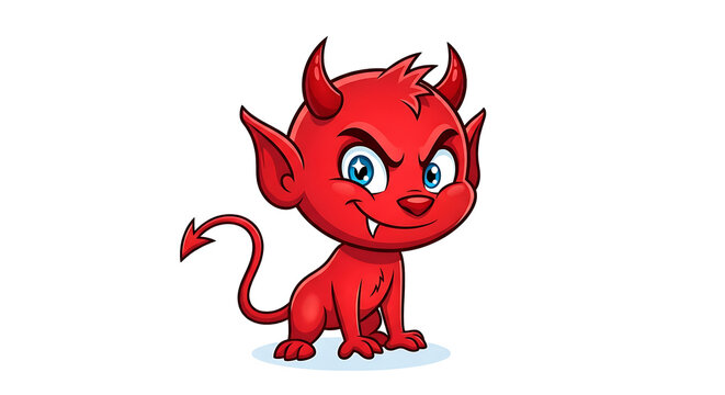 Cartoon illustration of a red devil with horns and tail on transparent background: classic characters for halloween