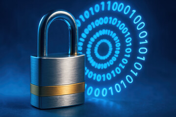 A Secure Digital Padlock Surrounded by Binary Code Representing Cybersecurity and Data Protection in the Modern Digital Age