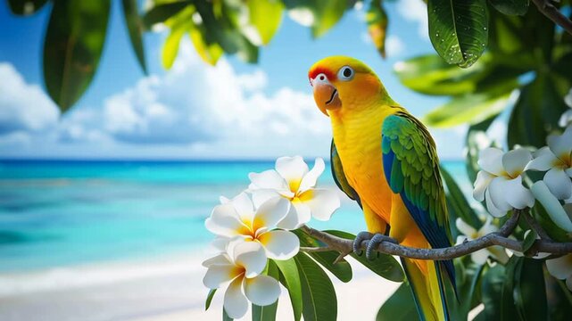 Tropical macaw sitting calmly on a branch surrounded by frangipani flowers and a scenic backdrop of beach, palms, and ocean
