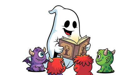 Cartoon ghost reading a story to monsters on transparent background: classic characters for halloween
