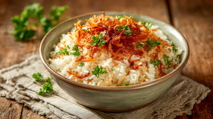 Basmati rice with crispy fried onions and fresh parsley in a rustic bowl, a traditional homemade side dish