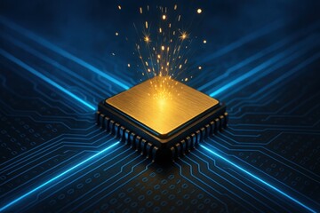 Captivating Golden Microprocessor Sparkling in a Blue-Circuit Background, Illuminating the Future of Technology with a Stunning Display of Innovation