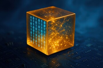 A Glowing Cube Embedded with Binary Code Symbols Representing Advanced Computing and Digital Information in a Futuristic Setting