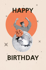 Vertical poster artwork collage of happy girl peek disco ball club celebration birthday occasion hydrangea flower bloom summer