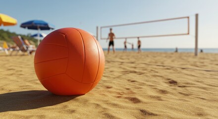 Orange beach volleyball on sand, players in background, sunny day.