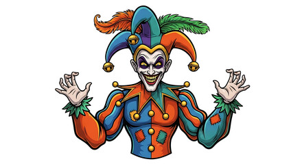Cartoon illustration of a creepy jester with a sinister grin  on transparent background: classic characters for halloween