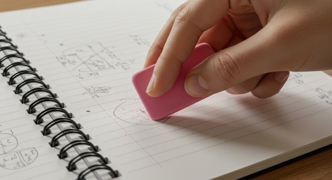 Hand erasing notes on spiral notebook