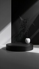 Minimalist Product Display Platform with Plant in Bright Room with Light Streaks