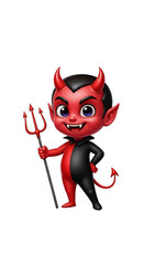 Cartoon devil character with trident on white background on transparent background: classic characters for halloween
