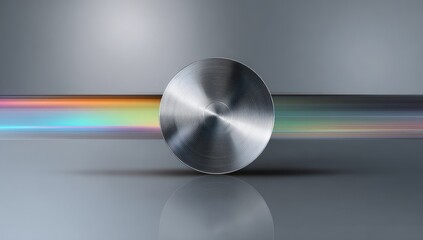 Metallic sphere and iridescent stripe on a grey background