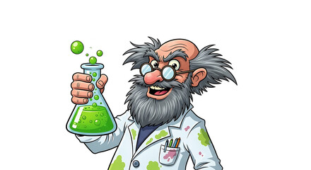 Cartoon mad scientist holding green liquid in a beaker on transparent background: classic characters for halloween