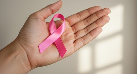 A woman's hand holding a pink ribbon, symbolizing breast cancer awareness and support.