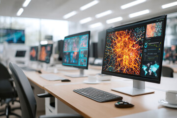 Naklejka premium Data analytics workspace equipped with modern computers and vibrant visualizations