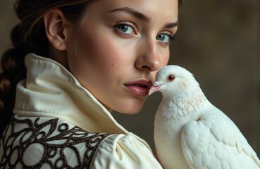 Woman with blue eyes and fair skin holding a white dove close to her face