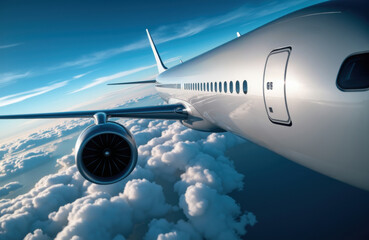 Fototapeta premium Commercial airplane flying above clouds in clear sky