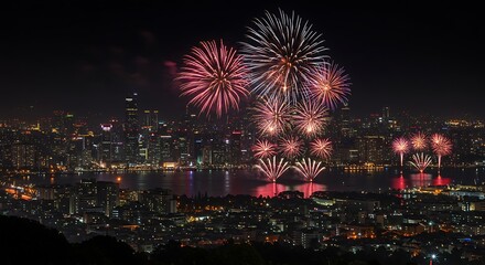 City skyline illuminated with fireworks display over water at night in a festive celebration