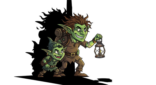 Cartoon illustration of two goblins with a lantern  on transparent background: classic characters for halloween