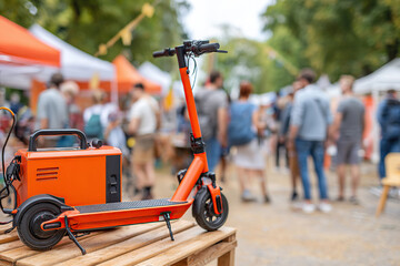 A bright orange scooter is charging on a diesel generator at a lively market filled with people enjoying the atmosphere.