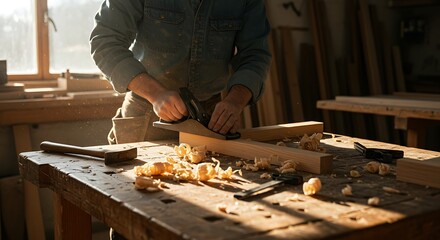 A carpenter using a hand plane on a piece of wood in a workshop with wood shavings around it