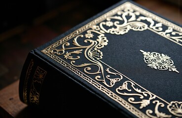 Fototapeta premium Woman's ornate book with intricate gold detailing on dark cover