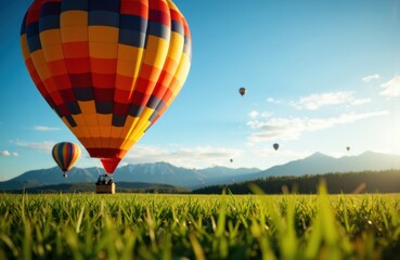 Fototapeta premium A colorful hot air balloon floats above a grassy field with mountains in the background on a clear sunny day