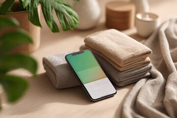 Wellness dashboard displayed on smartphone with towels and indoor plants in a cozy setting