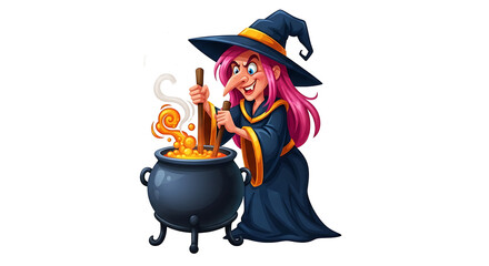 Cartoon witch stirring a cauldron  on transparent background: classic characters for halloween