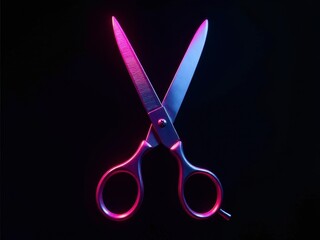 A pair of scissors glowing with neon pink and blue light on a black background.