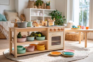 Exploring a vibrant pretend play kitchen area in a cozy indoor space with colorful utensils and food