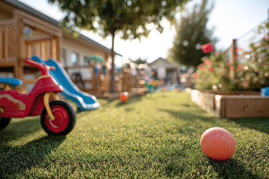 Colorful kindergarten play area with tricycles and play structures under sunny sky