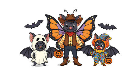 Fototapeta premium Cartoon bats in halloween costumes with happy halloween text on transparent background: classic characters for halloween