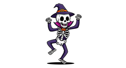Cartoon skeleton wearing a witch hat and bowtie on transparent background: classic characters for halloween